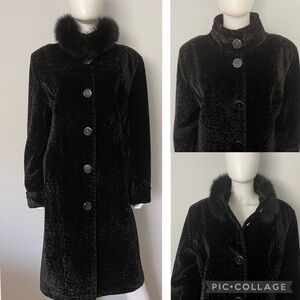 NWT WOMEN BLACK COAT REMOVABLE REAL FUR COLLAR INSULATED‎ SINGLE-BREASTED RP$699